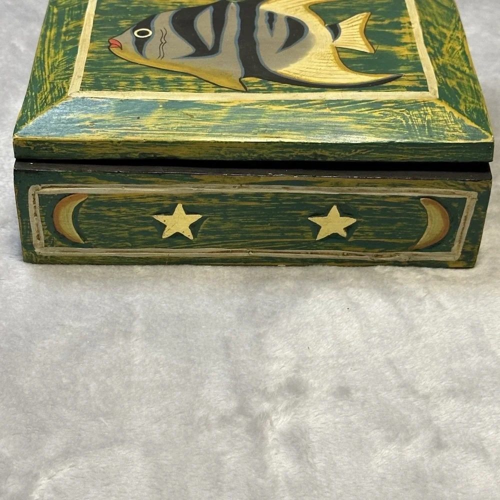 Vintage‎ Hinged Wooden Box Hand Painted Fish Moon & Stars Green Colorful